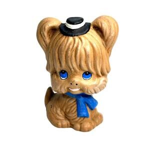 Vintage Kitschy Ceramic Dog Figurine Big Eyes Puppy Top Hat Scarf